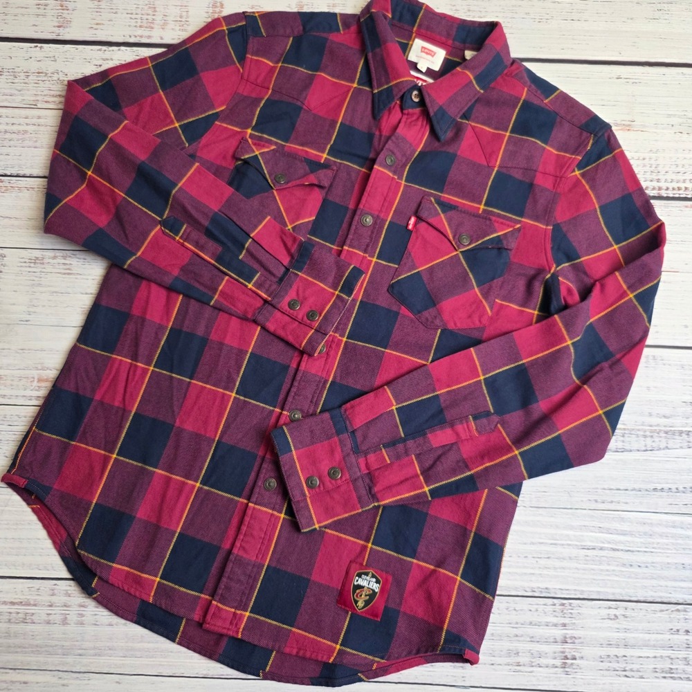 Levis NBA Cleveland Cavaliersā Metal Snap Flannel Shirt Navy Plaid Mens Small